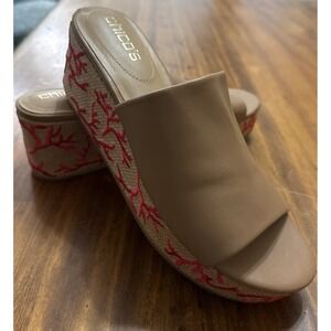 Chico's Women's 8.5 M Tan Leather Wedge Sandals | Raffia Coral Embroidered